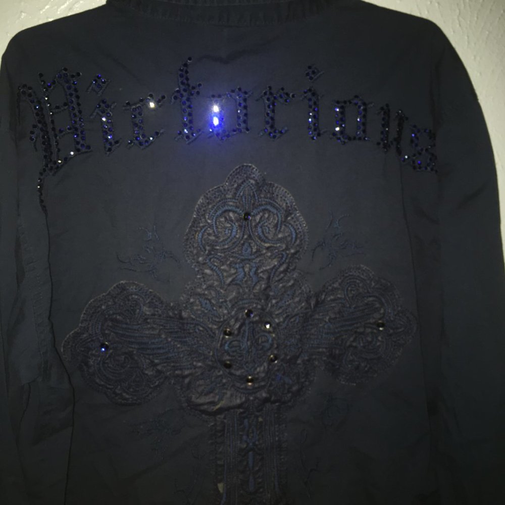 Victorious Navy Blue Button Up Shirt with Crosses & Blue Studs Mens